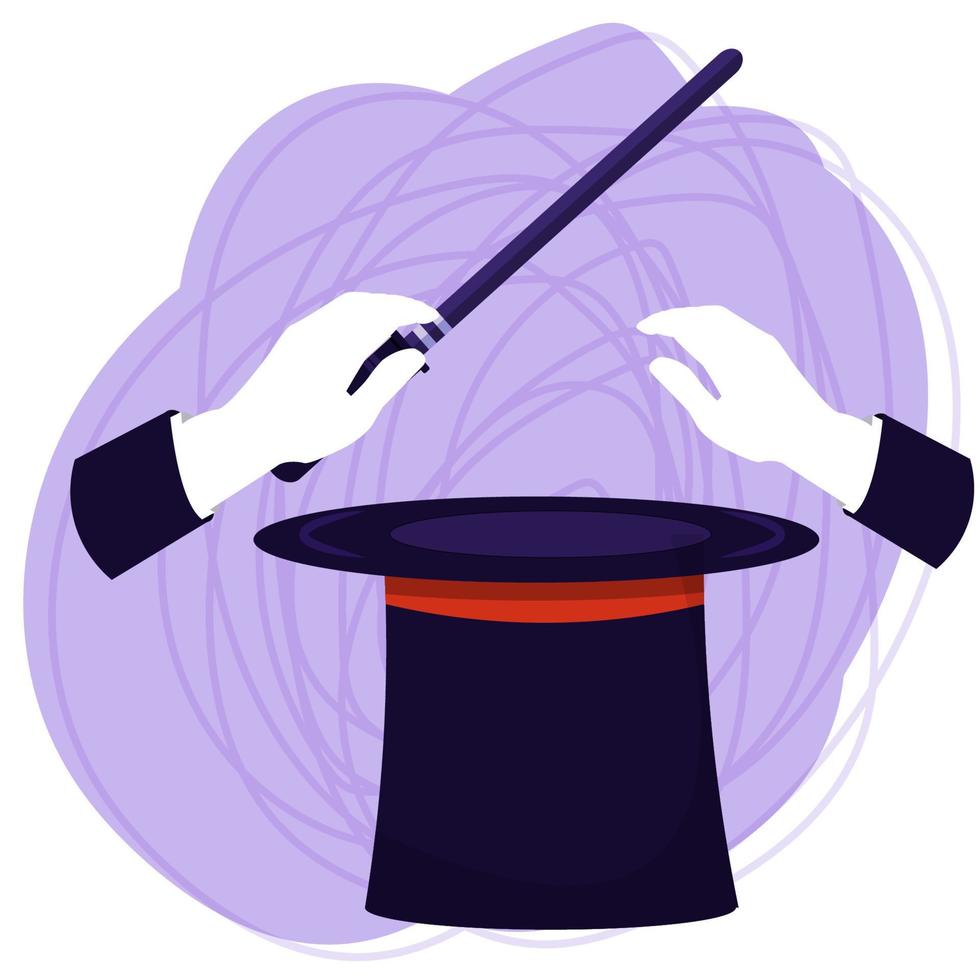 Abracadabra, hands of wizard with stick above magic hat isolated composition on white background stock vector illustration. Show, performance in flat design.