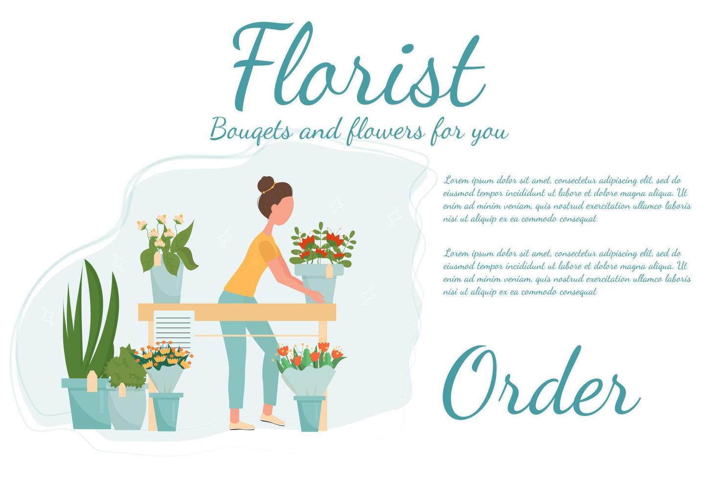 página de inicio, tienda de floristería de plantilla web, servicio, ilustración de vector de stock de boutique de flores. mujer sosteniendo ramo, cerca de otros ramos y flores en macetas.