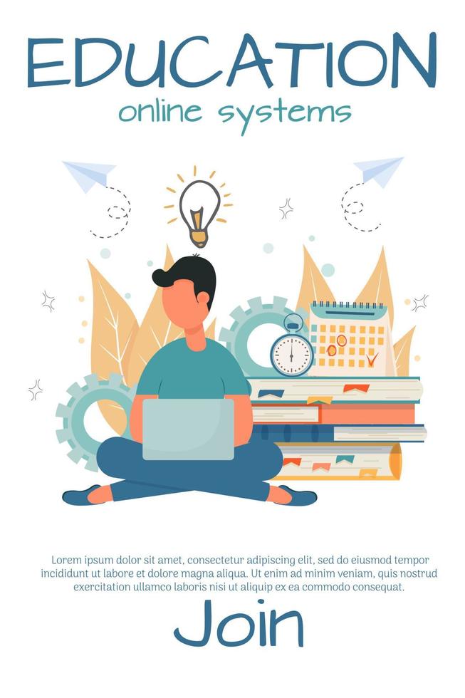 Banner for Online courses, e-learning, education stock vector illustration. Student sitting with laptop near books, calendar, stopwatch. Personal productivity, studying composition. Flat style.