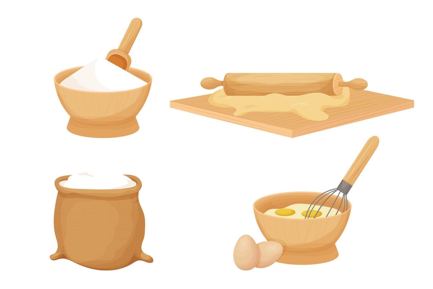 Baking set with kitchen wooden utensils, ingredients. Bowl with powder, desk with rolling pin and dough, bag with flour in cartoon style isolated on white background. Vector illustration