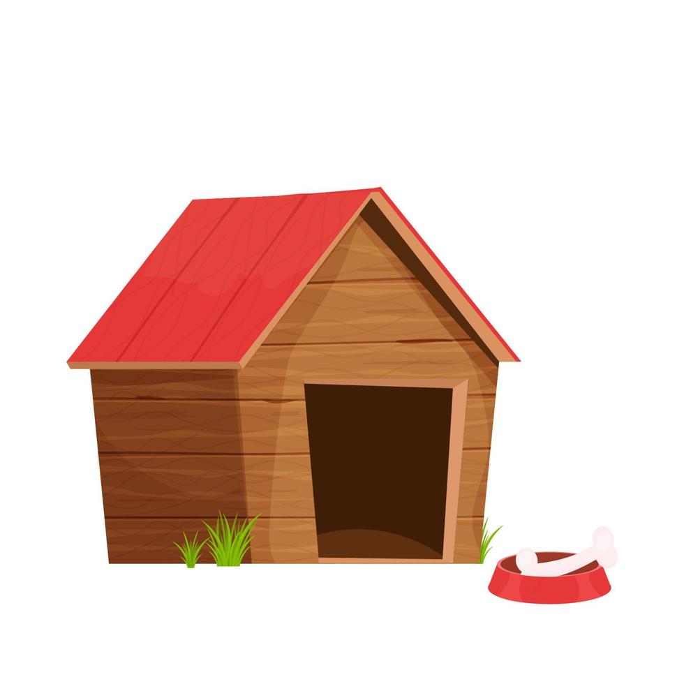 Funny doghouse, wooden kennel in cartoon style isolated on white background. Comic childish construction with roof and bowl with bone. Vector illustration