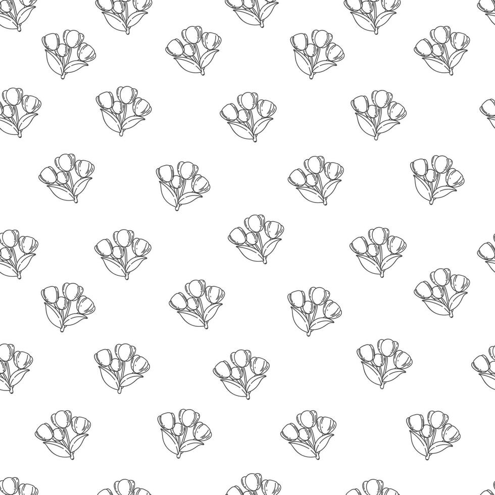 seamless pattern with outline Bouquet flowers of tulips. doodle spring texture, background. Floral pattern. Pretty flowers on white background. Printing with small flowers. vector