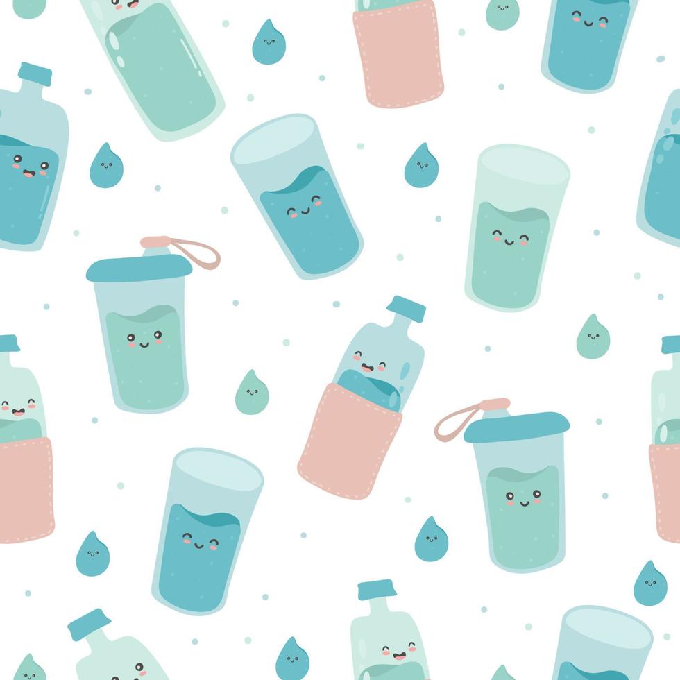 Seamless pattern with cute  happy funny bottles and glasses. vector cartoon kawaii character water. Drink more water every day.