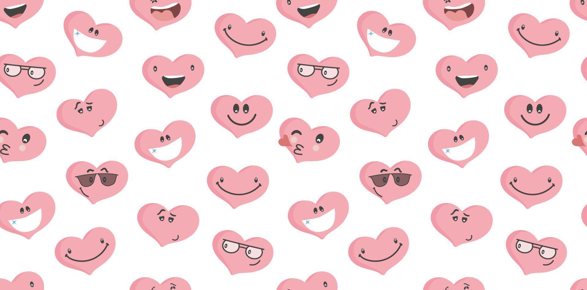 Colorful happy pink heart seamless backround. heart Faces with various Emotions backgrond.  Different colorful hearts. Love symbol. Valentines Day concept vector