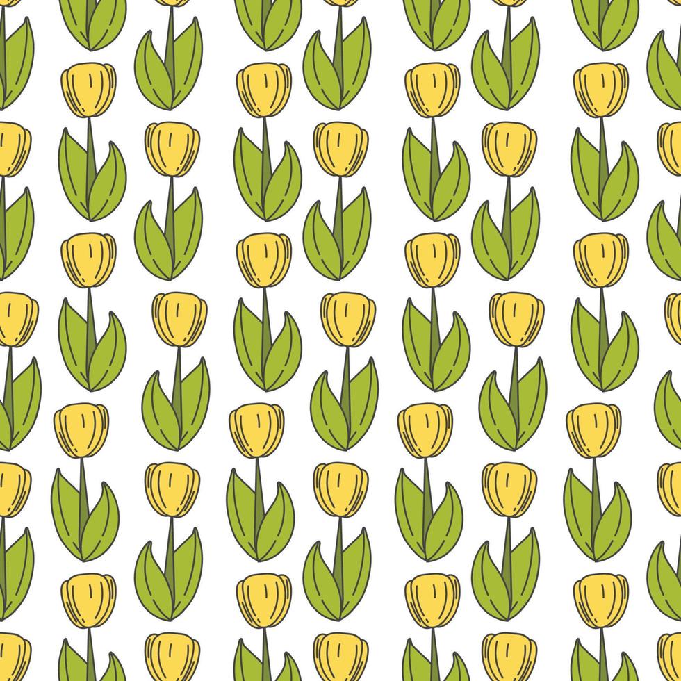Seamless pattern with yellow tulips. Yellow flowers spring, easter seamless background. Hand drawn. vector