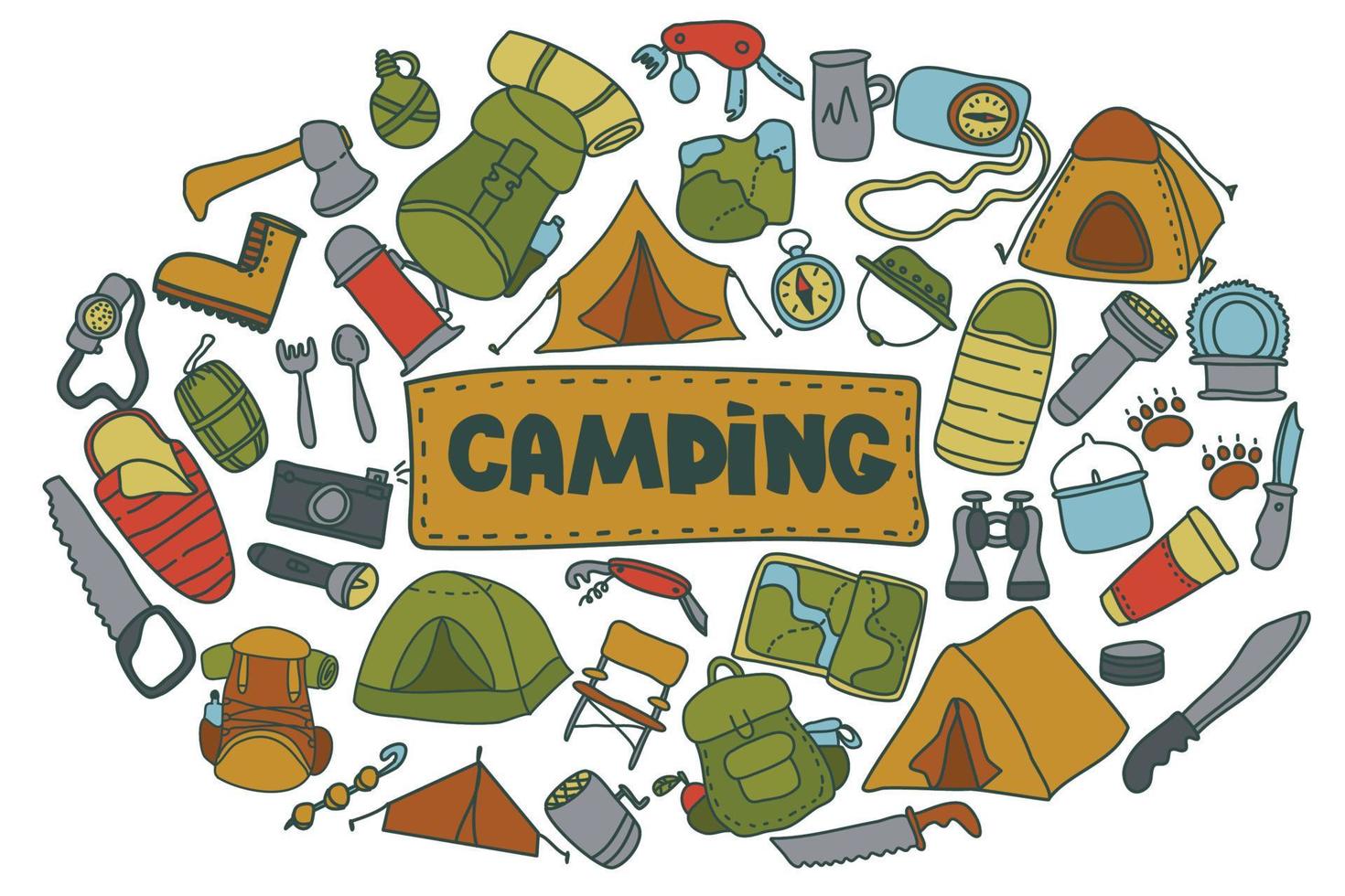 Doodle estilo camping set.hand dibujado vector conjunto de imágenes prediseñadas de camping. aislado en el dibujo de fondo blanco para impresiones, carteles, lindos artículos de papelería, diseño de viajes. naturaleza, recreación forestal, deporte.