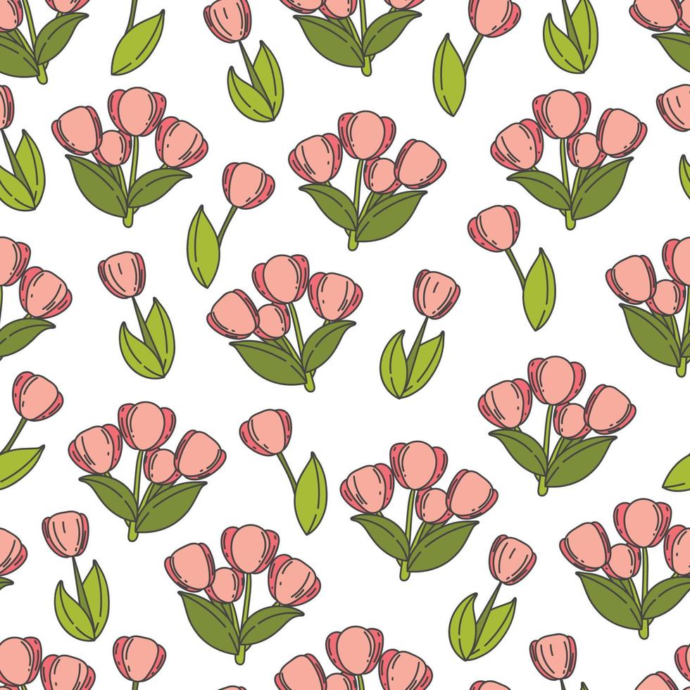 tulipanes rosas de patrones sin fisuras. fondo floral vectorial con flores de primavera. ilustración de dibujos animados de hermosas flores brillantes con hojas y tallos verdes vector