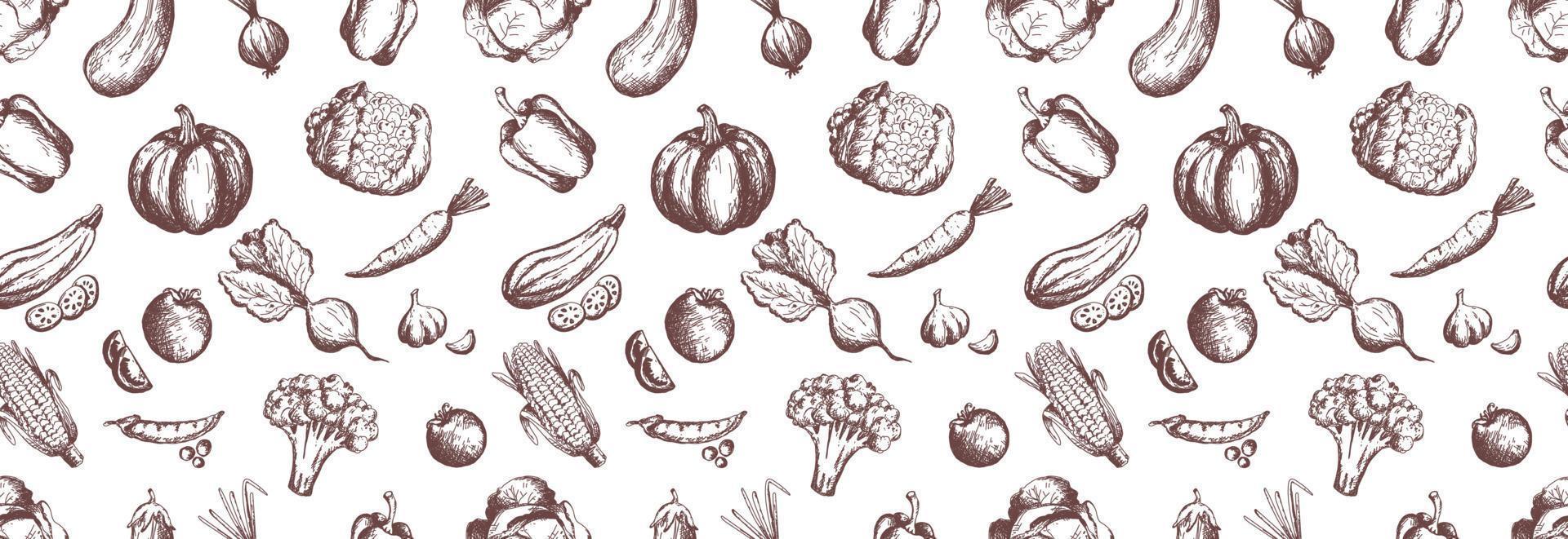 Hand drawn vegetables seamless pattern. Vegan food background in sketch style. vector