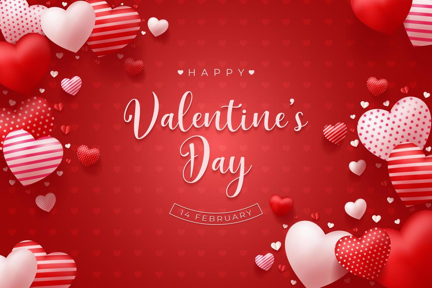 Lovely happy valentines day red background with realistic 3d hearts frame design for greeting card, poster, banner. Vector illustration.
