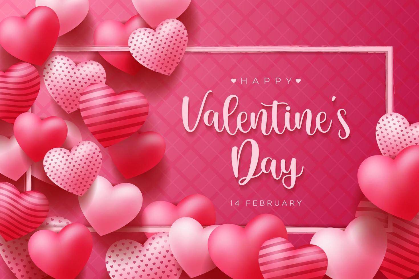 Lovely happy valentines day pink background with realistic 3d hearts frame design for greeting card, poster, banner. Vector illustration.