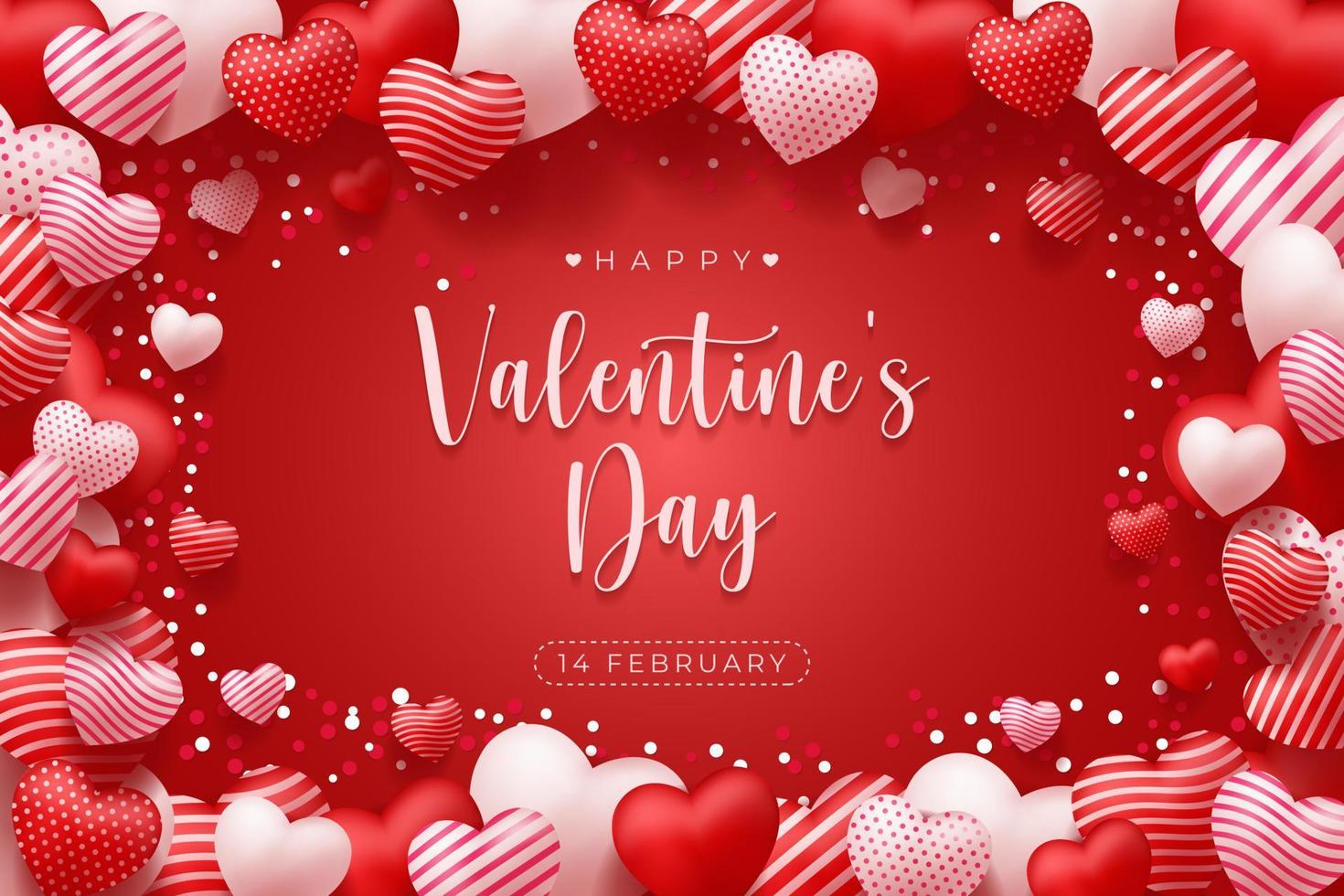 Lovely happy valentines day red background with realistic 3d hearts frame design for greeting card, poster, banner. Vector illustration.