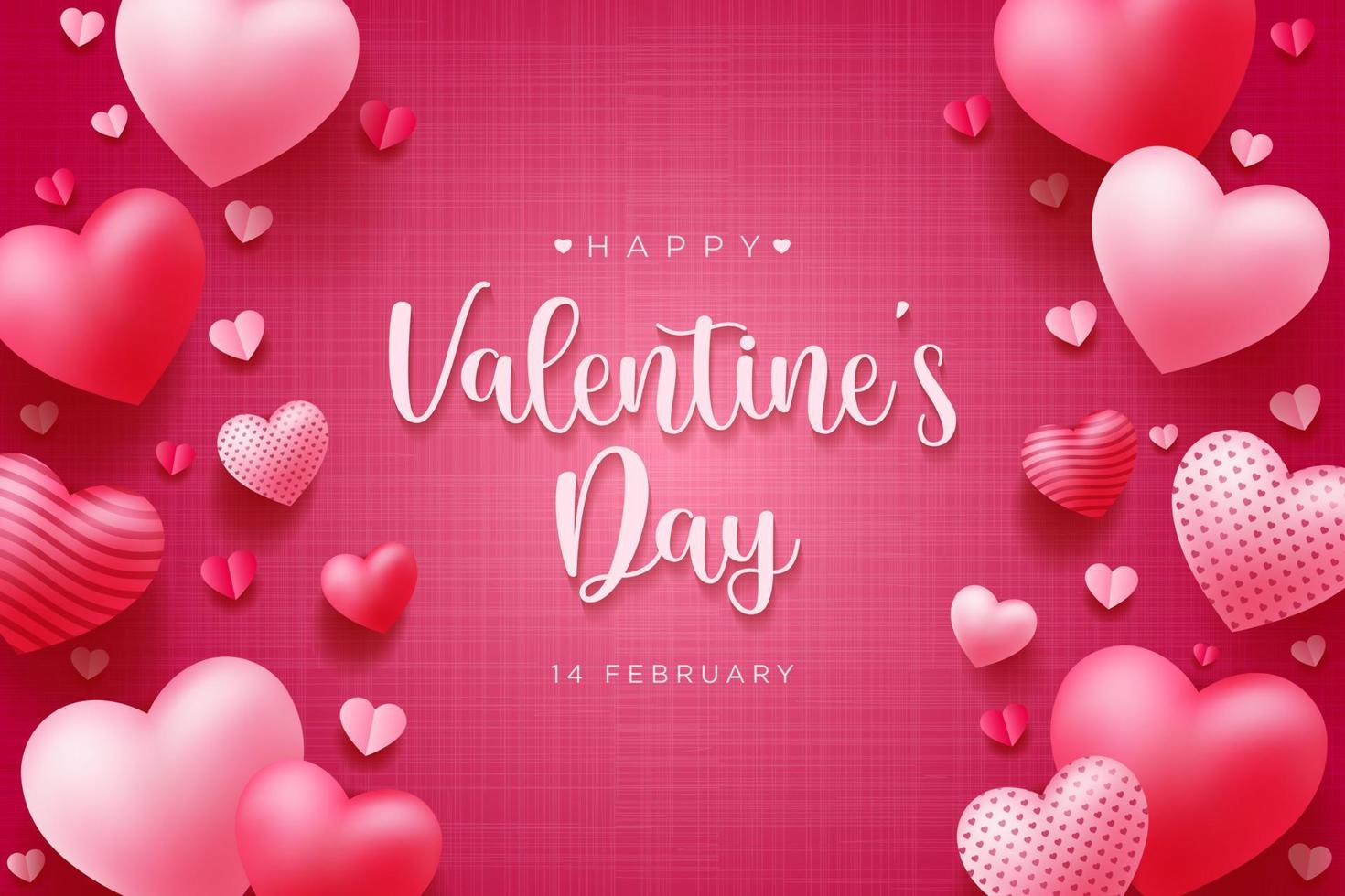 Lovely happy valentines day pink background with realistic 3d hearts design for greeting card, poster, banner. Vector illustration.