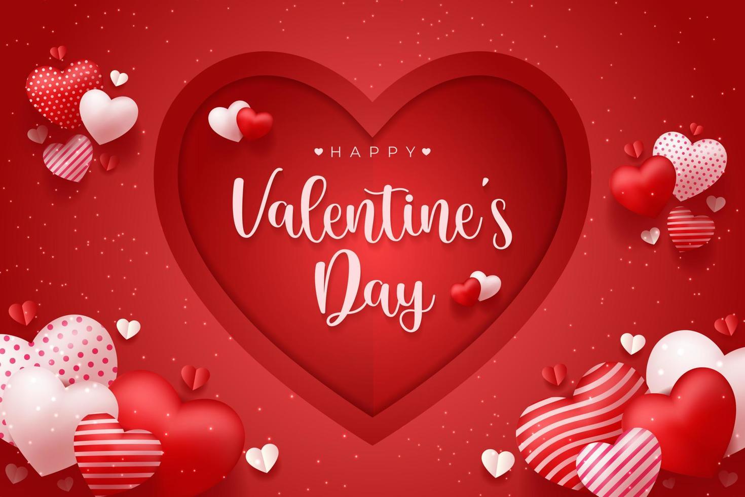 Lovely happy valentines day red background with realistic 3d hearts frame design for greeting card, poster, banner. Vector illustration.