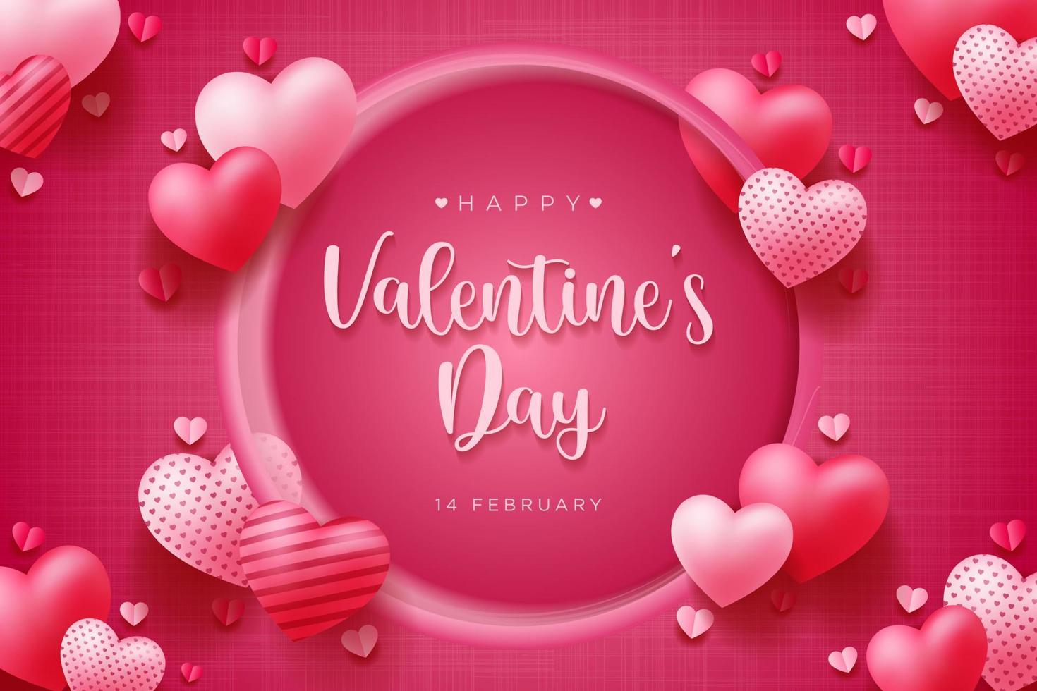 encantador fondo rosa feliz día de san valentín con diseño de marco de corazones 3d realista para tarjeta de felicitación, póster, pancarta. ilustración vectorial vector