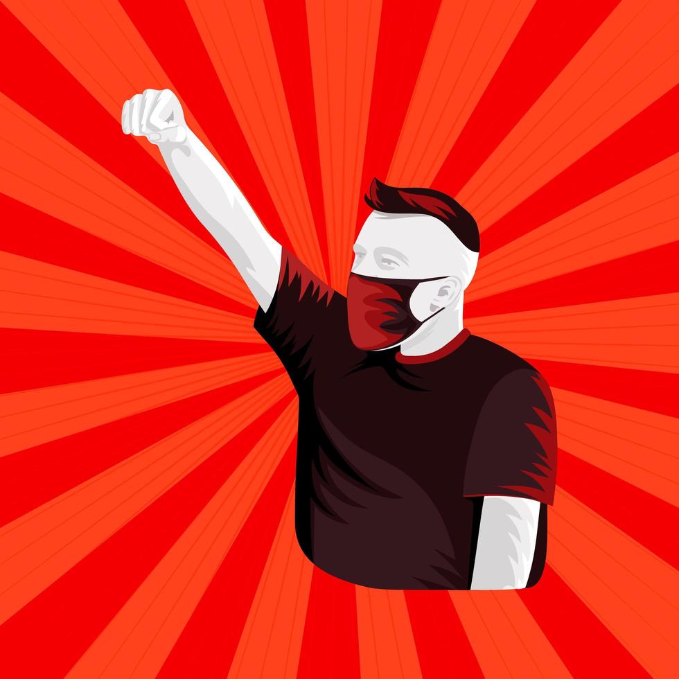 Man wearing black mask raised hard clenched fist vector illustration.