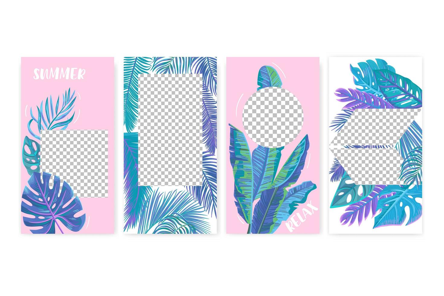 Social media stories vector templates with pastel exotic leaves.