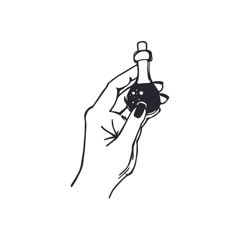 Witch hand holding magic potion vector illustration.