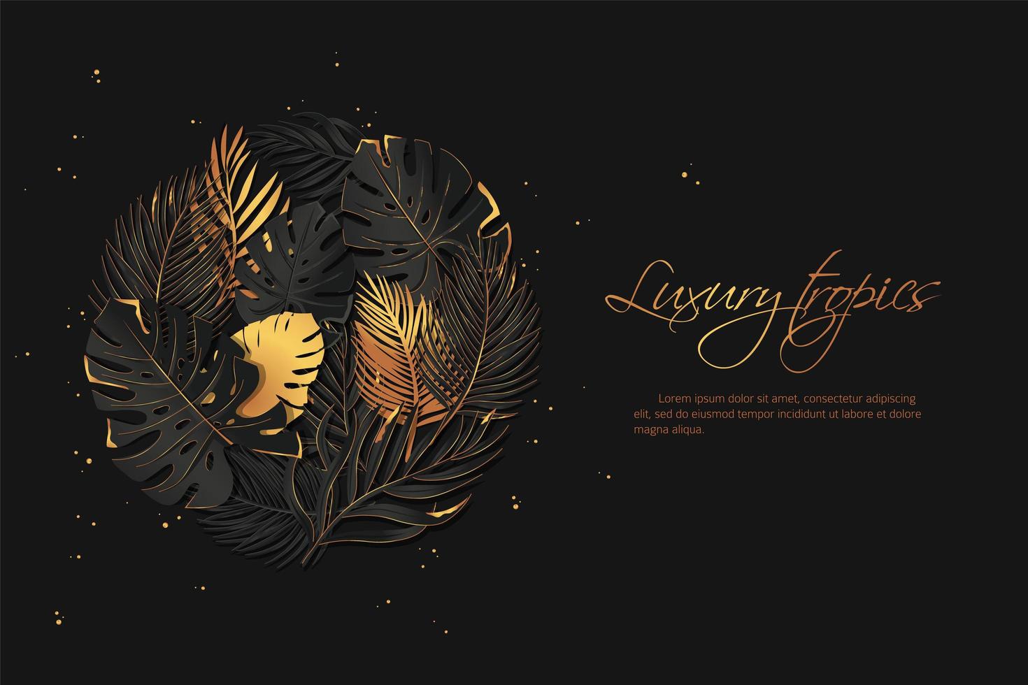 Luxury golden and black tropical leaves dark background. Exotic botanical background design. vector