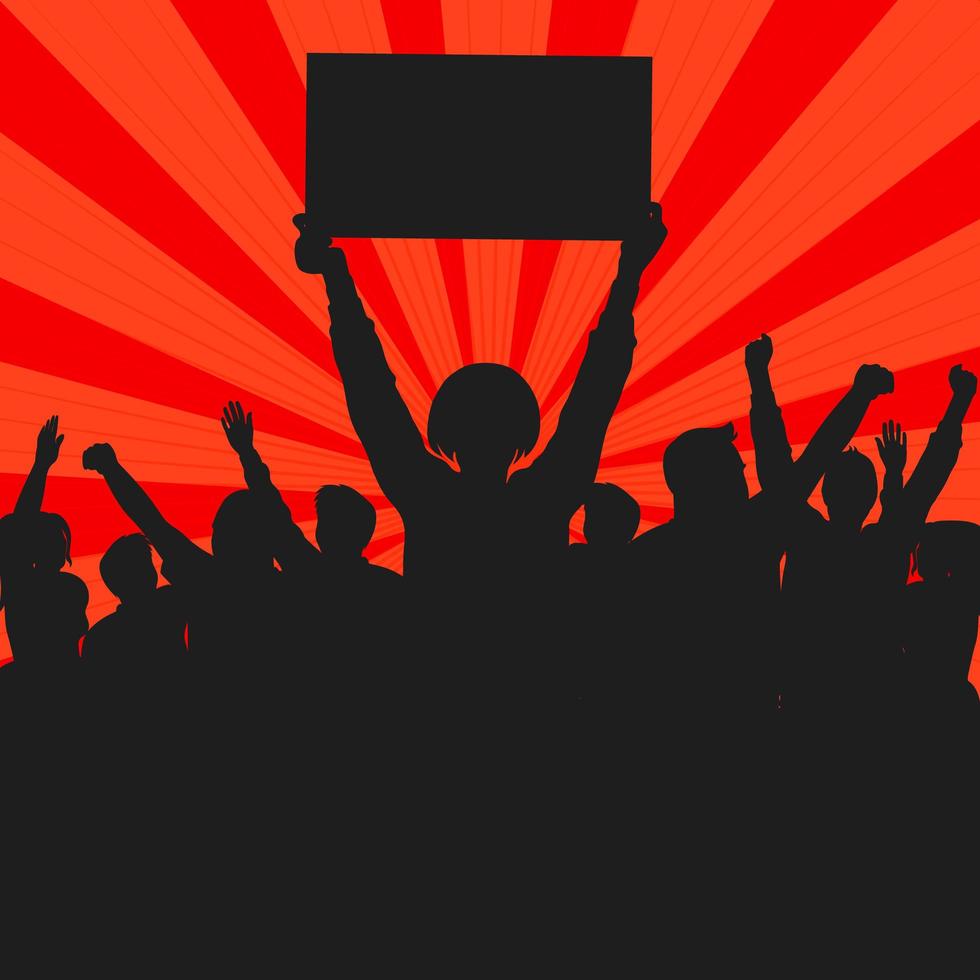 Crowd protest silhouette on red retro background. vector