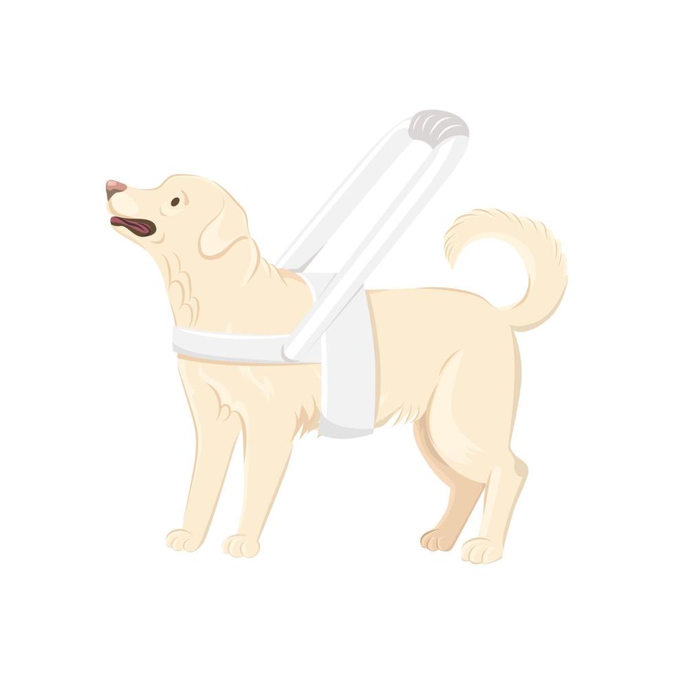 Guide dog wears white harness with long handle vector illustration.