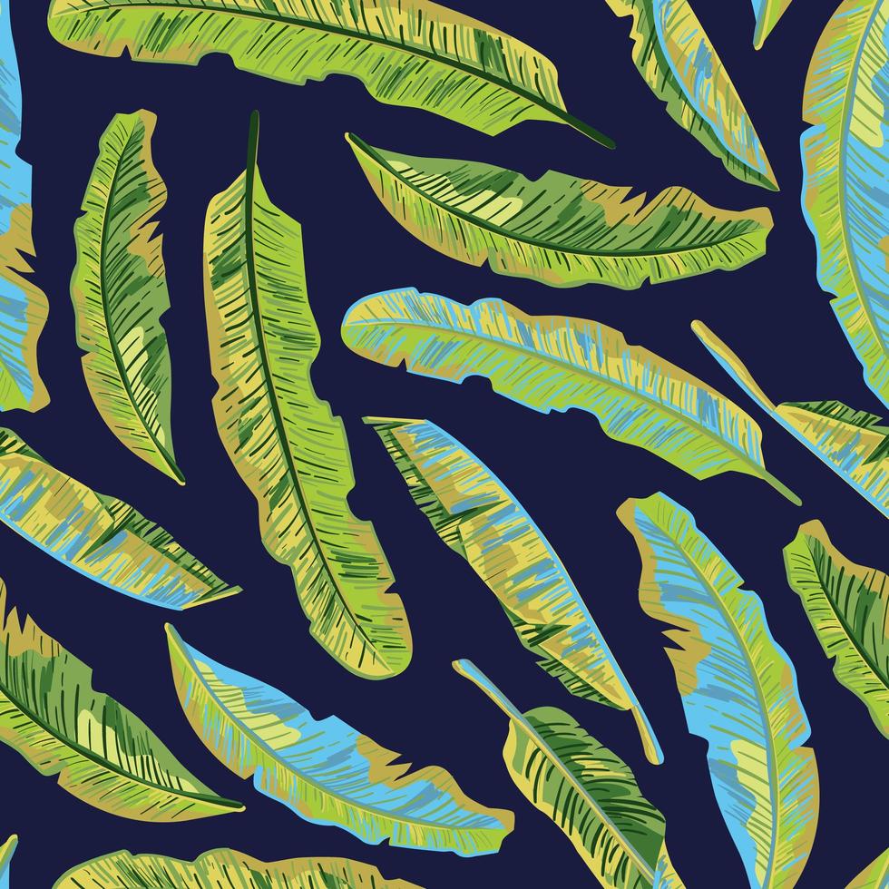 Vector banana leaves seamless pattern on dark background.