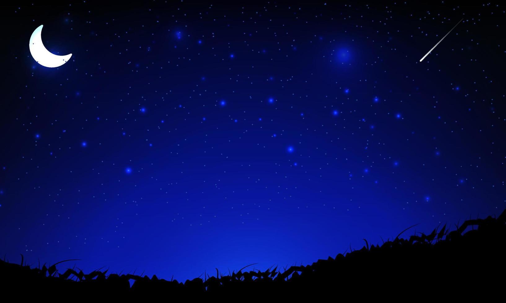 Starry Night sky background with crescent moon and falling star. vector