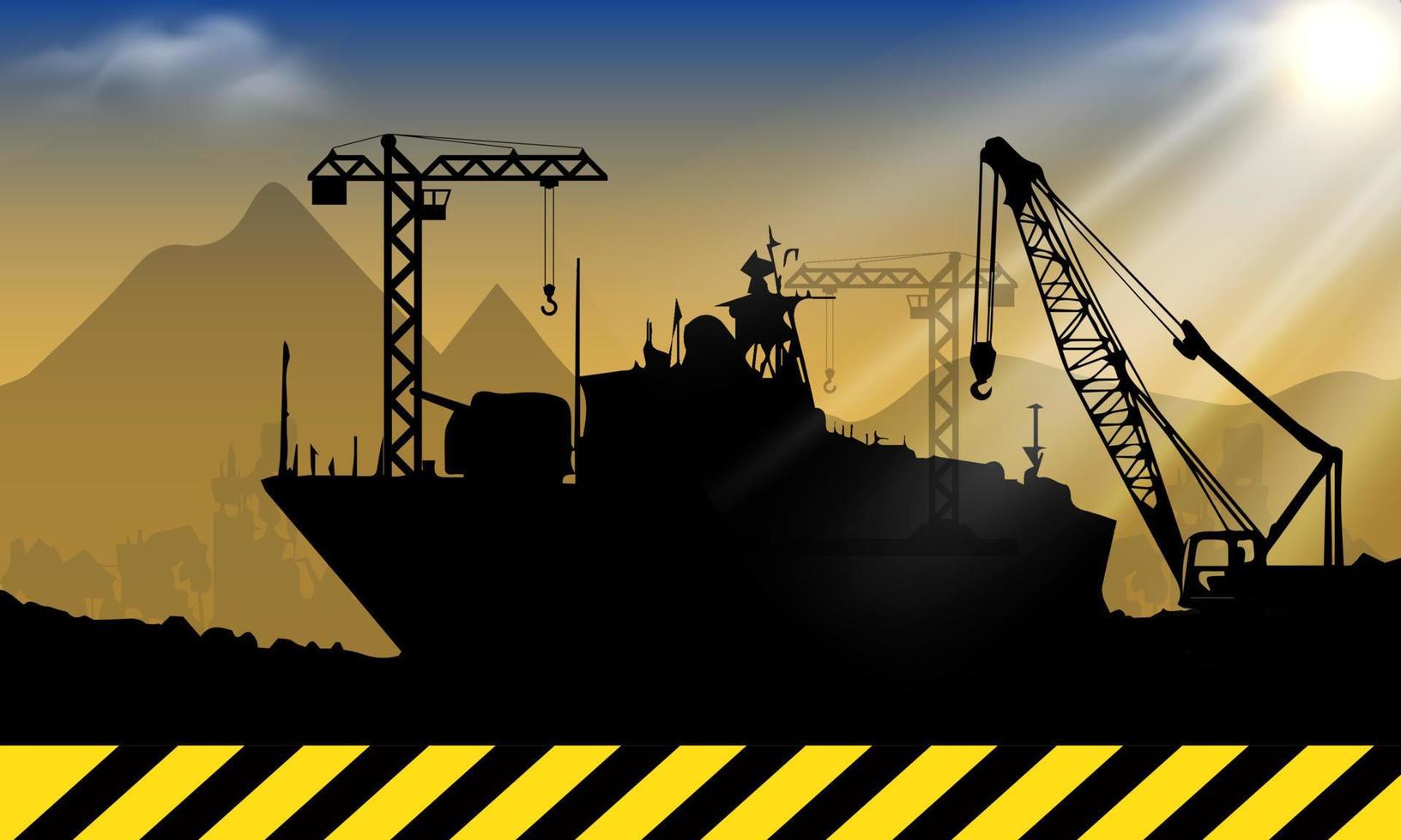 ship under construction background with sunset and mountain silhouette. under construction design vector illustration