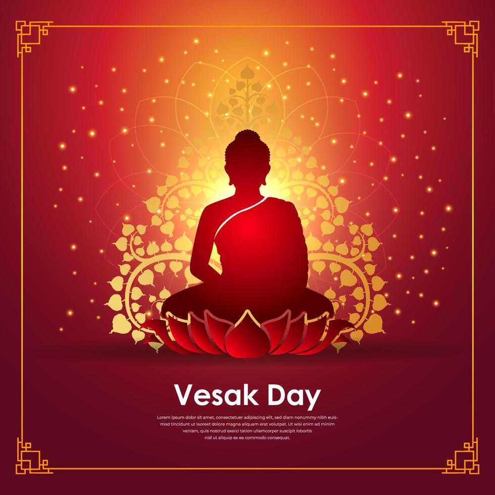 fondo de celebración del día de vesak con silueta de buda de señor brillante y vector de adorno floral. diseño del día de vesak con el vector de buda