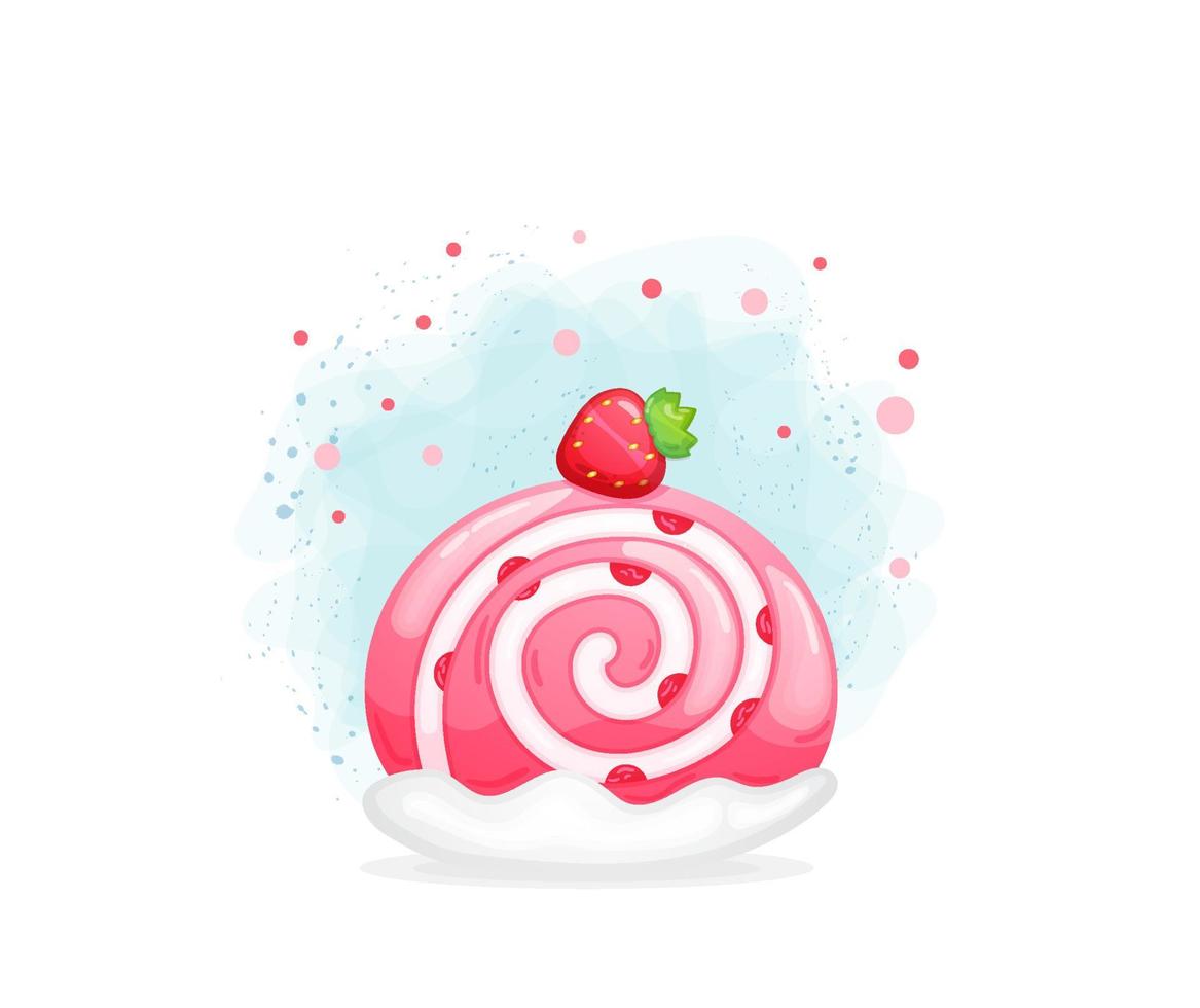 Cute strawberry sponge cake roll in cartoon style. Sweet dessert collection vector