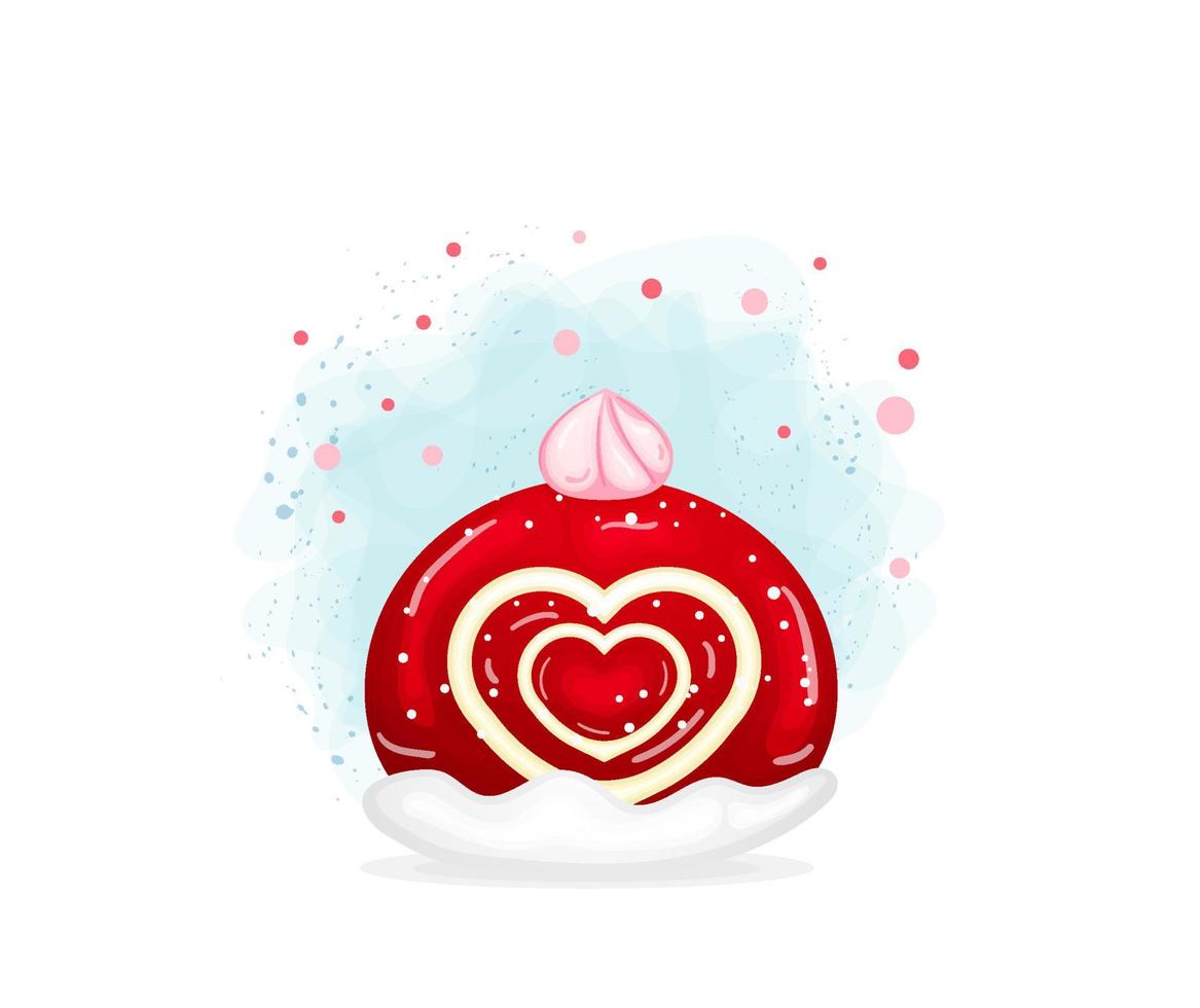lindo rollo de bizcocho con forma de corazón en estilo de dibujos animados. colección de postres dulces vector