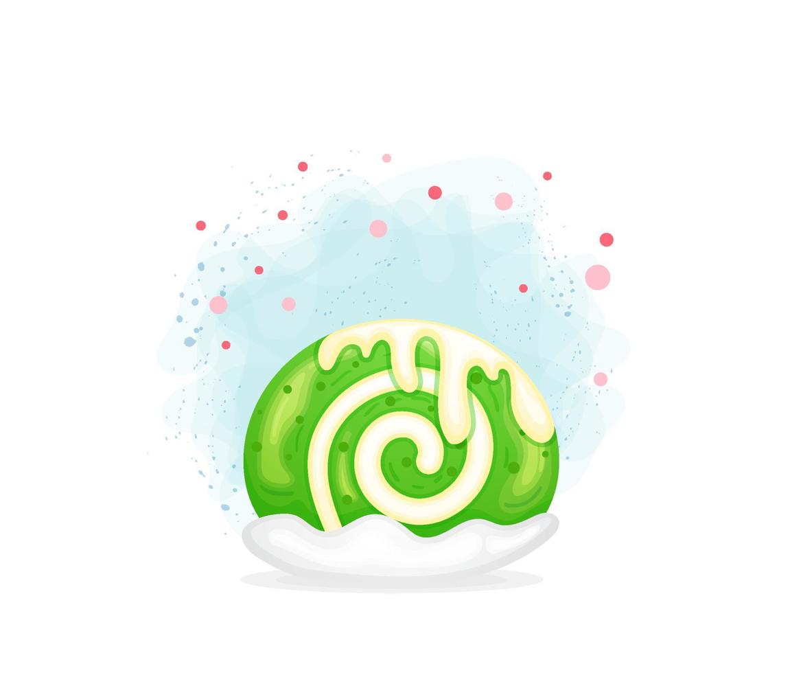 lindo rollo de bizcocho verde en estilo de dibujos animados. colección de postres dulces vector