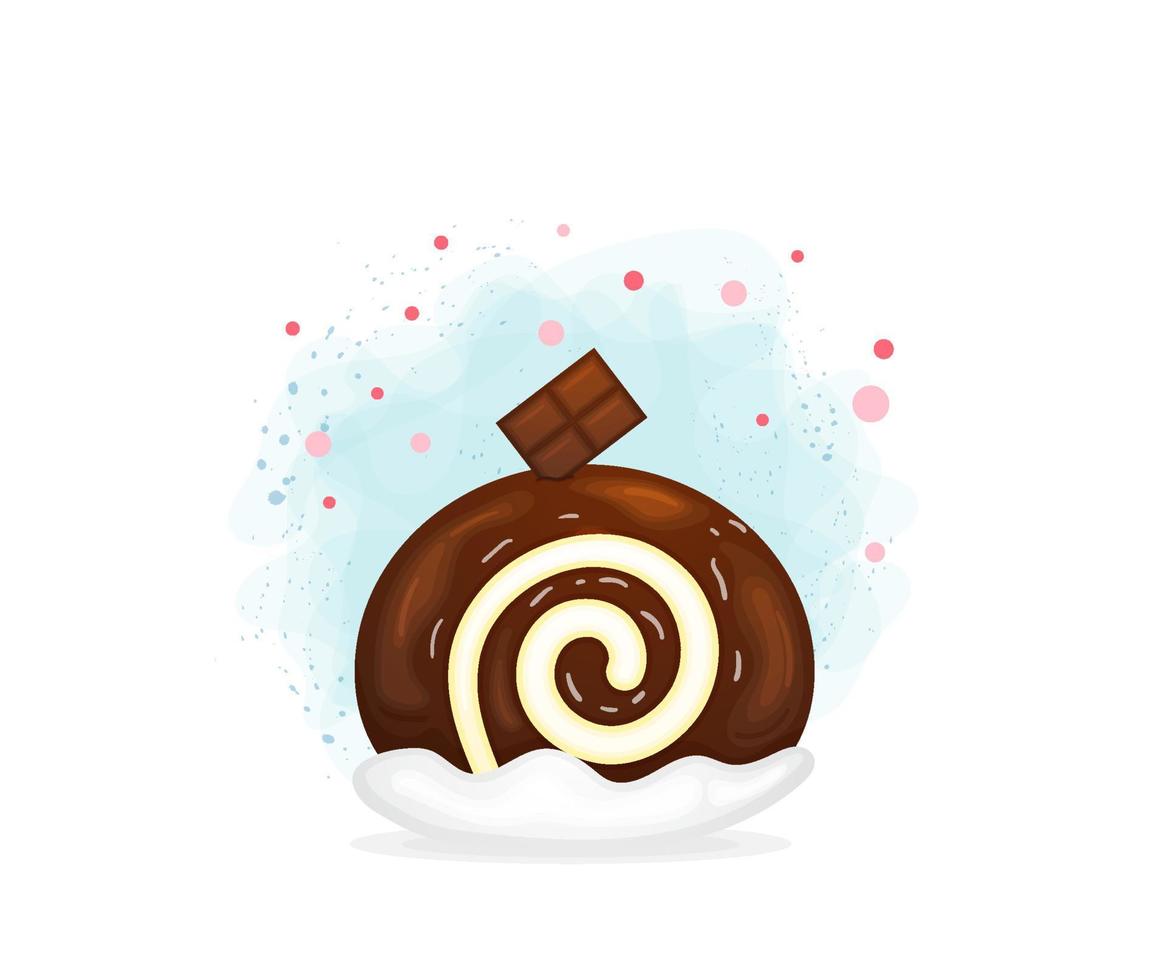 Cute sponge cake roll with chocolate pieces in cartoon style. Sweet dessert collection vector