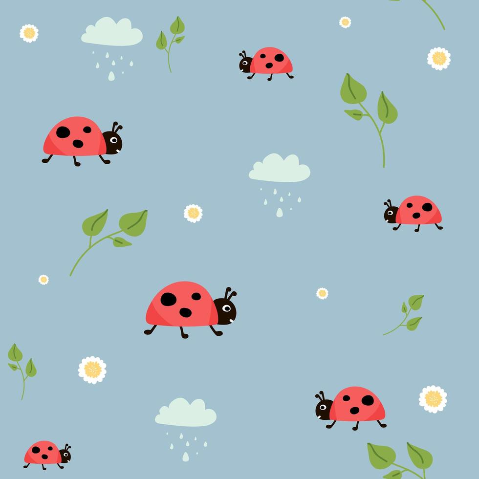 Ladybugs leaves flowers seamless pattern on blue . Cute bugs. Wrapping paper, wallpaper, textile for children. floral background. vector