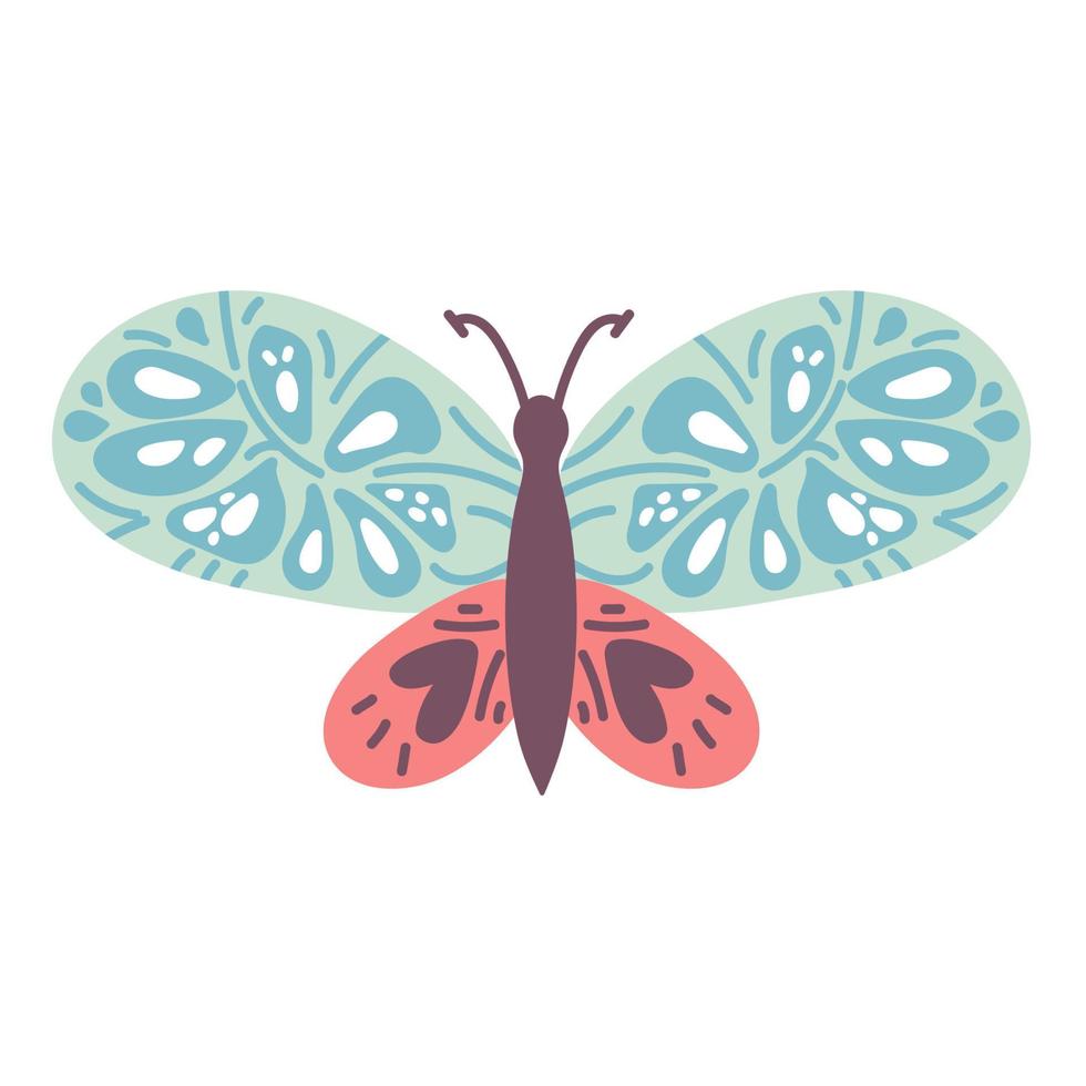 blue butterfly with colorful wings isolated on white background. hand drawing. Pretty flying moth top view. Gorgeous exotic spring insect. Colored flat textured vector illustration