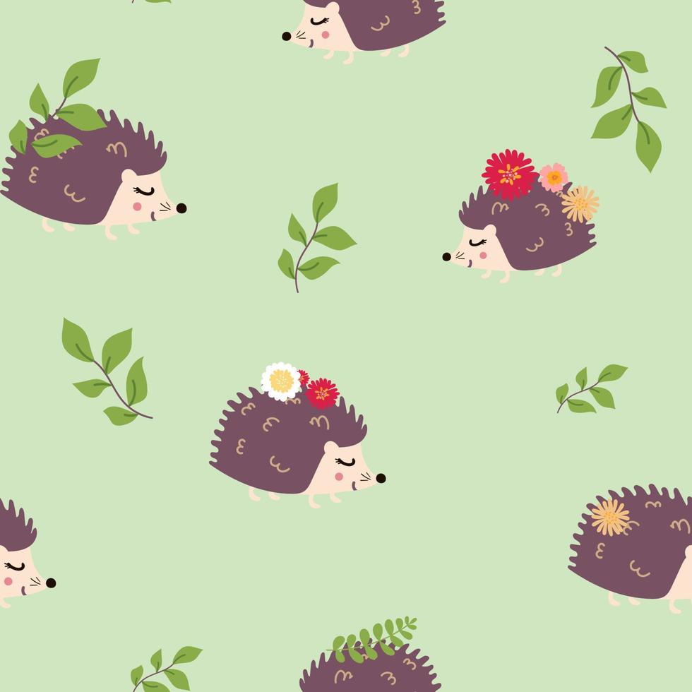 Seamless pattern with hedgehogs , flowers, leaves. Creative background. Perfect for kids apparel,fabric, textile, nursery decoration,wrapping paper. Vector Illustration