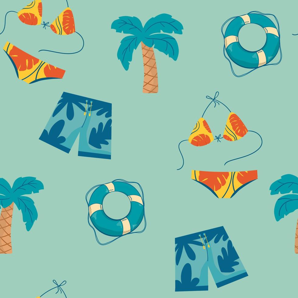 horario de verano de dibujos animados abstractos vectoriales dibujados a mano. divertida ilustración de patrones sin fisuras con palmera, traje de baño, bikini, bañadores, pantalones cortos, aro salvavidas. vector