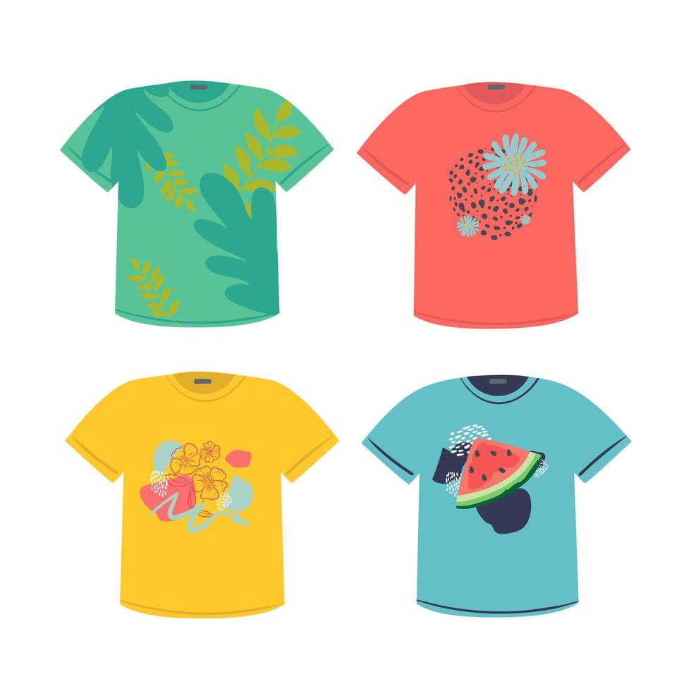 conjunto de plantilla de diseño de camiseta, maqueta. vista frontal. camiseta casual con lindos estampados. amarillo, azul, rojo, verde, aislado en blanco, dibujo a mano, caricatura plana vector