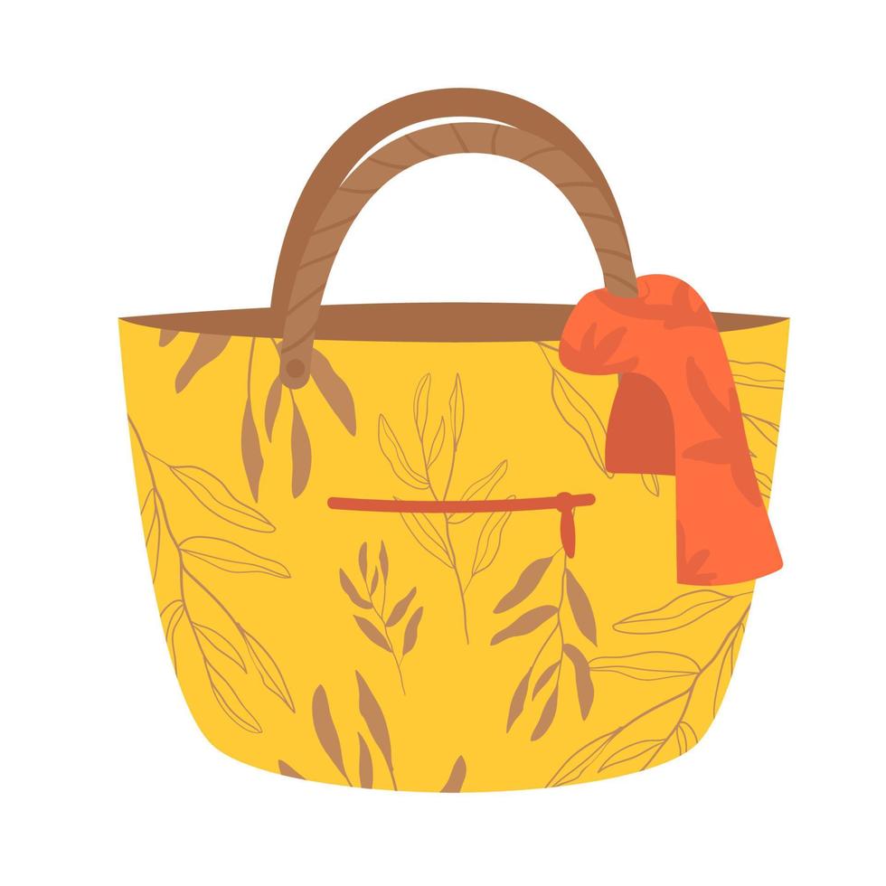 bolso de mano amarillo con hojas, bolso de playa de verano, bolso de compras, plantilla de boceto de ilustración vectorial vector