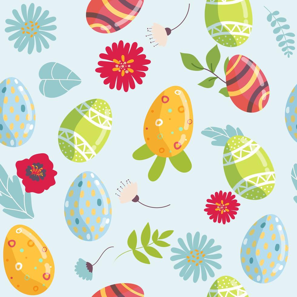 Vector seamless Easter pattern. decorative Easter eggs, colorful leaves flowers on a blue background for printing on fabric, scrapbooking paper, gift wrap and wallpaper. Vector illustration.