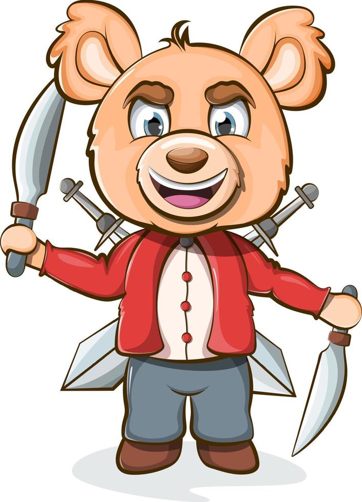 Cartoon cheerful teddy bear holding 2 knives and 2 swords vector