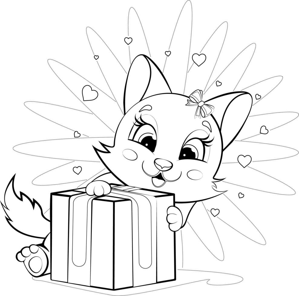 Coloring page. Cute and cheerful kitten with a bow holds a gift vector