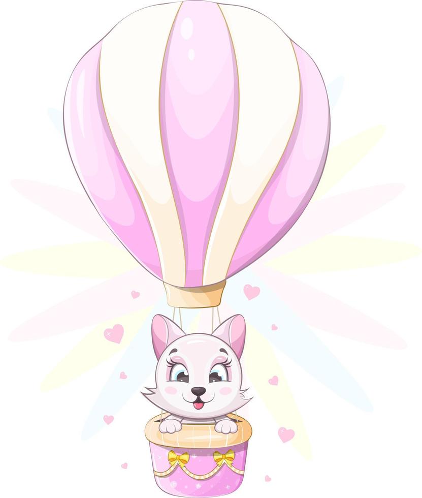 Cheerful and cute kitten is flying in a hot air balloon vector