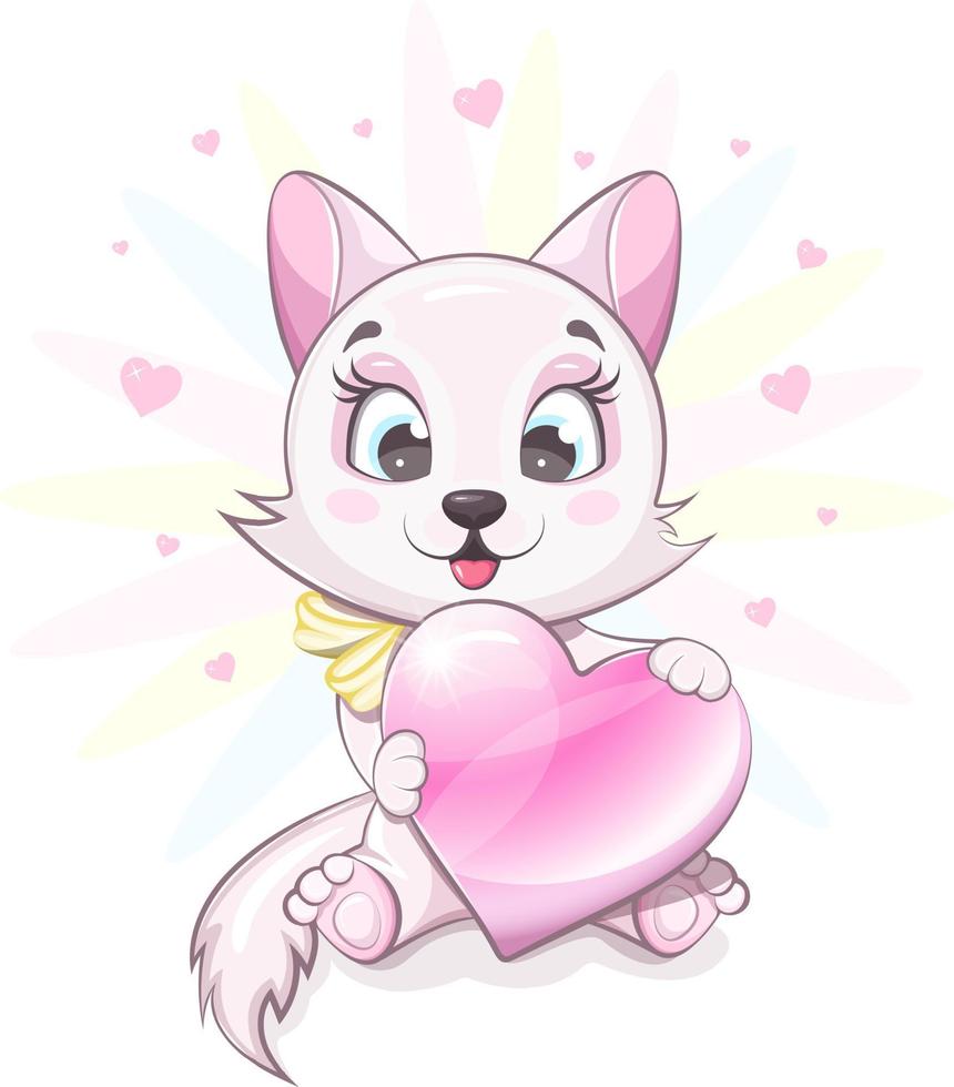 Cartoon cute and cheerful kitty sits and holds a heart vector
