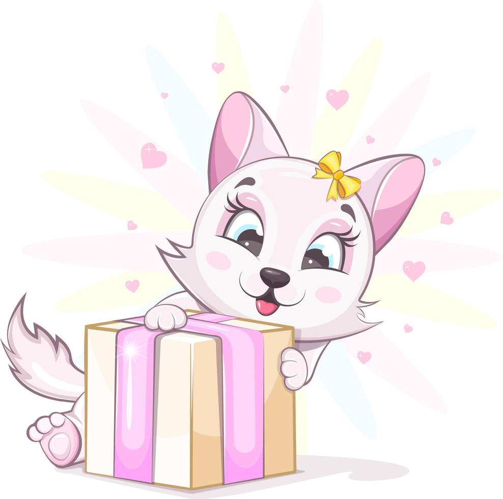 Cute and cheerful kitten with a bow holds a gift vector