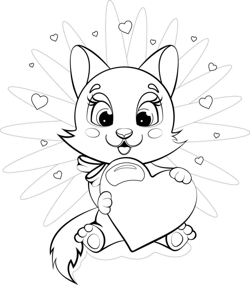 Coloring page. Cartoon cute and cheerful kitty sits and holds a heart vector