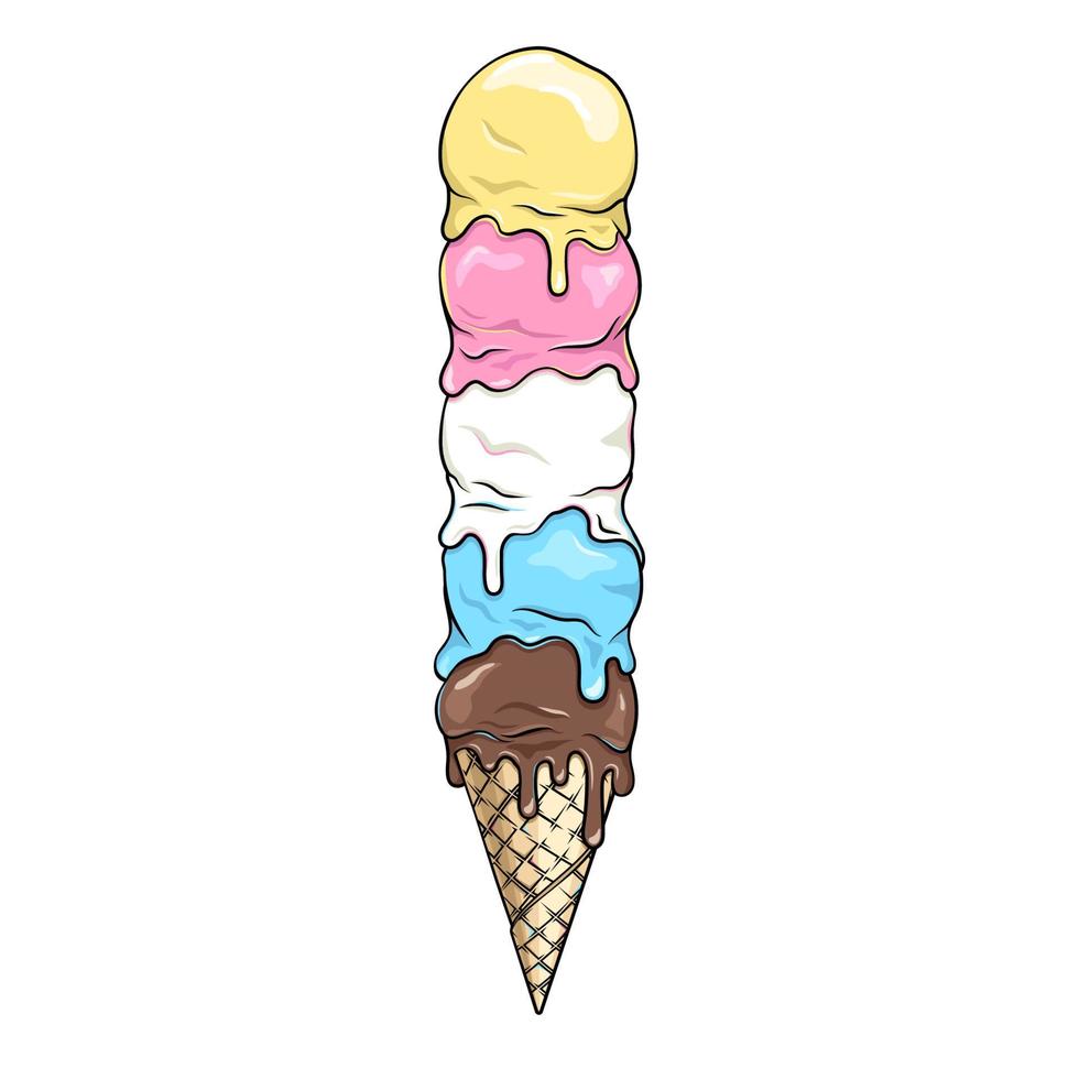 Ice cream cone with many melting ice cream balls vector