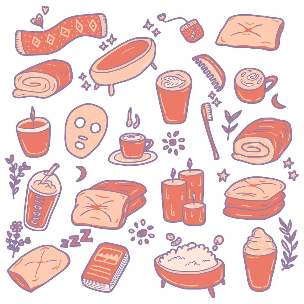relaxation and self care hand drawn filled outline style icon set vector