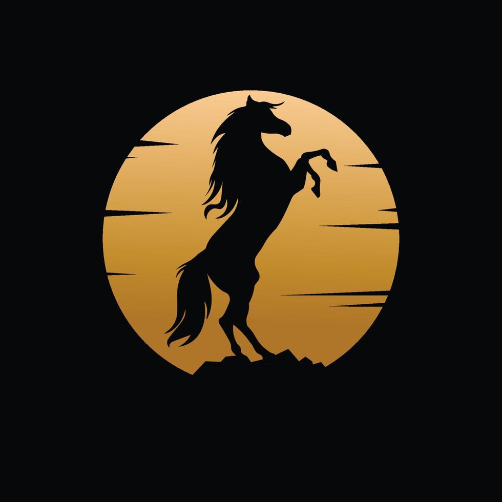 silueta de caballo encabritado con diseño de logotipo de ilustración de luna llena dorada vector