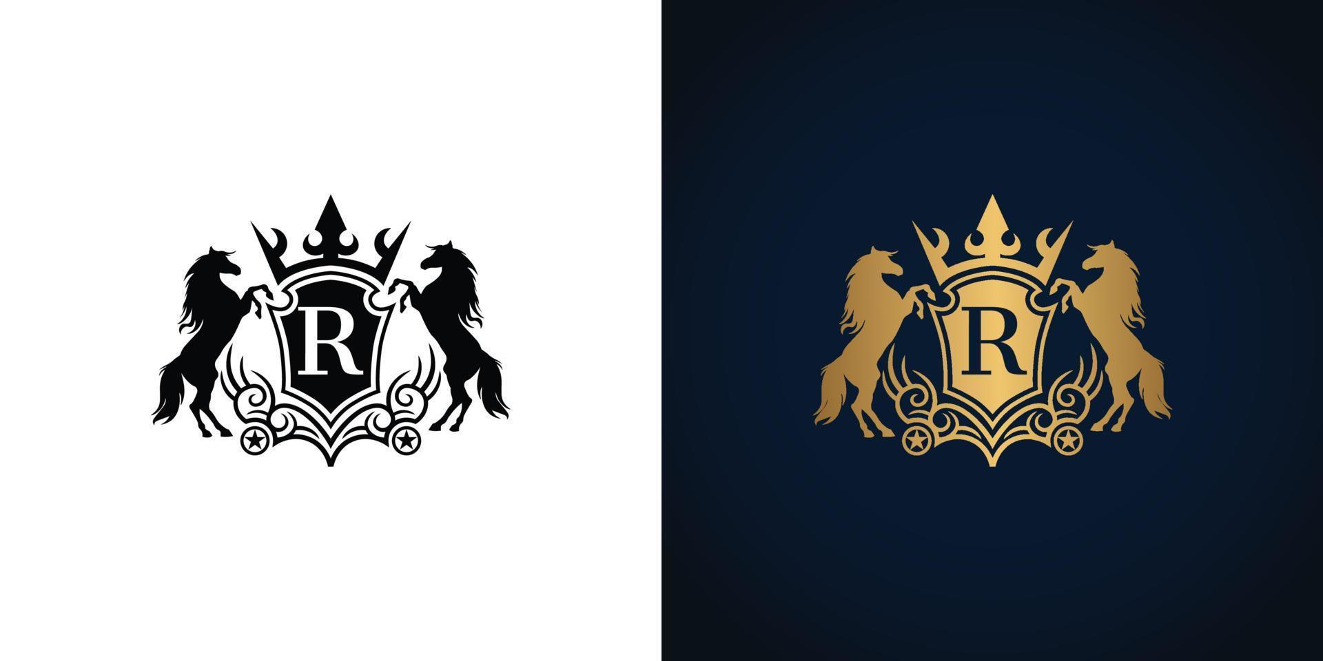 vector de logotipo de letra real de lujo r con escudo de caballo que flanquea y corona perfecta para su identidad comercial