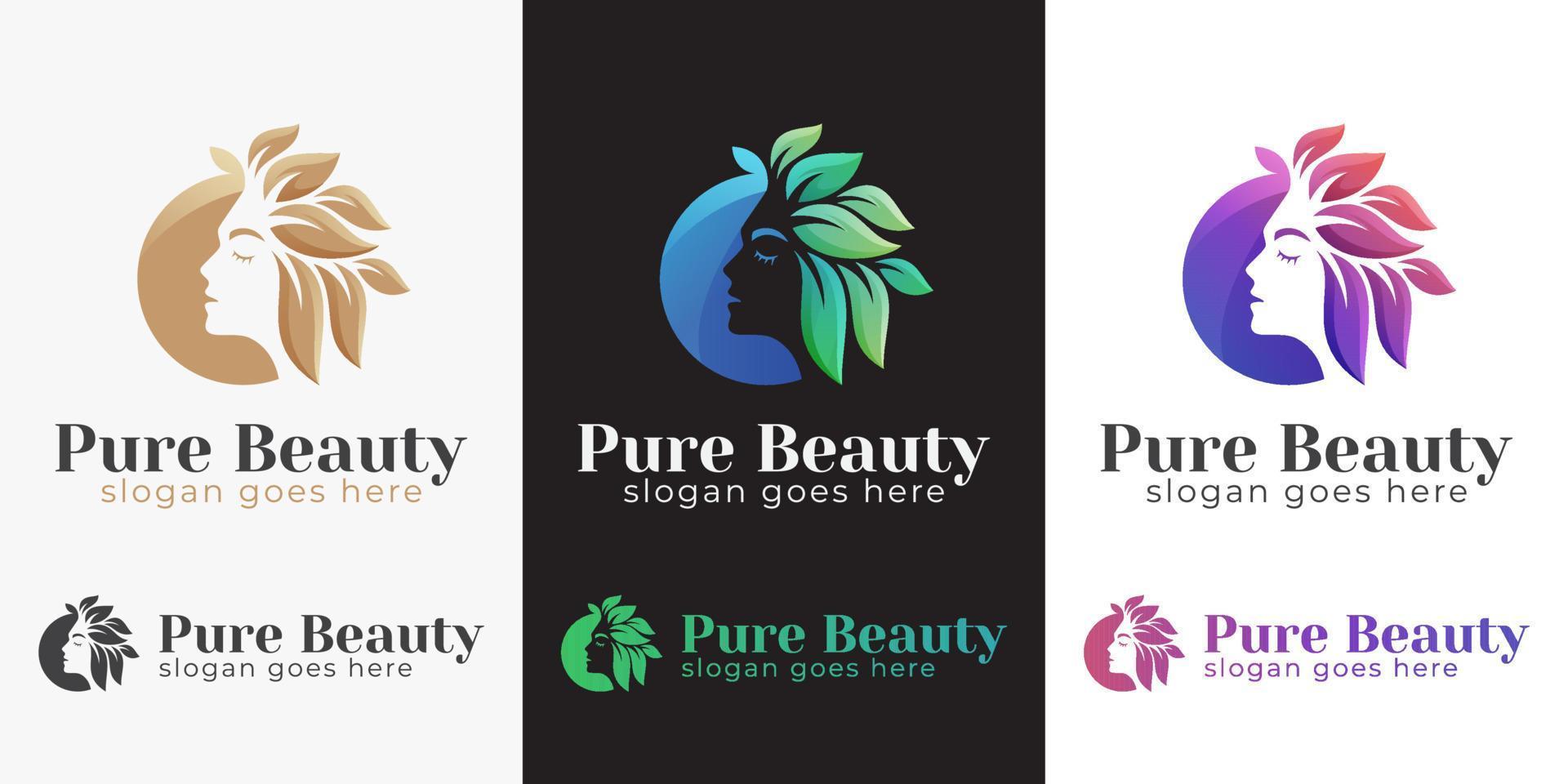 logotipo degradado de peluquería de mujer de belleza. el logotipo de la chica de belleza floral se puede usar en spa, salón, cosméticos, cuidado de la belleza vector